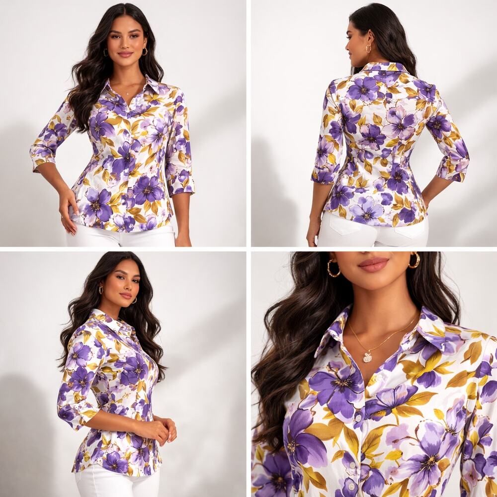 Alia Petites Women Purple Floral Button-Up Shirt 3/4 Sleeve Summer Casual Top PM - Picture 2 of 4